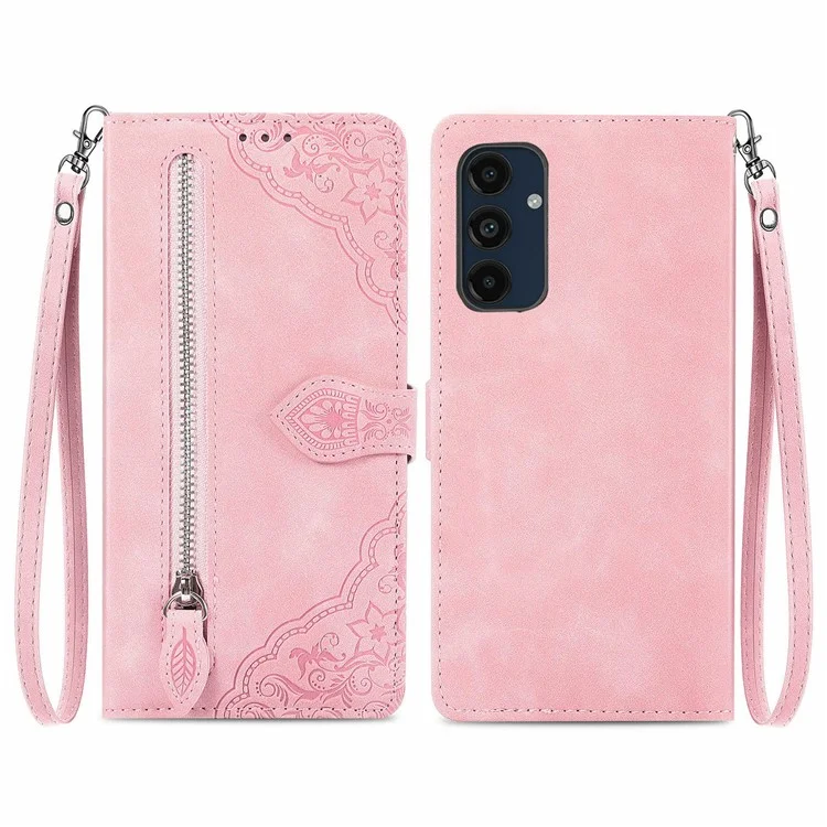 Per Samsung Galaxy S24 fe Case Zipper Wallet PU Coperchio di Impritta Flowhe Pelle - Rosa