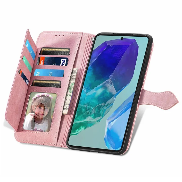Per Samsung Galaxy S24 fe Case Zipper Wallet PU Coperchio di Impritta Flowhe Pelle - Rosa