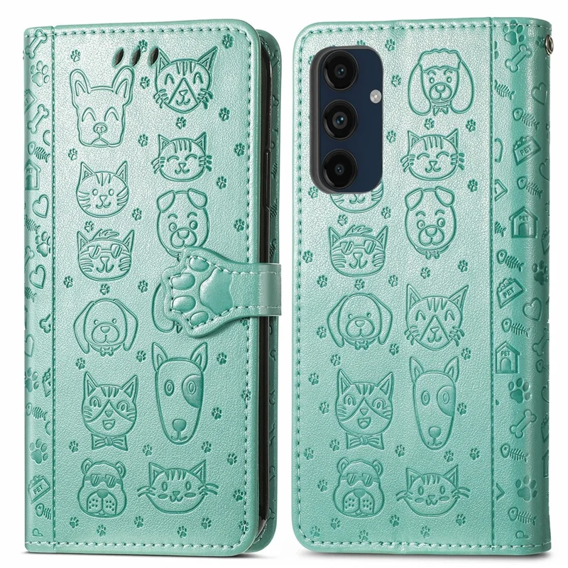 For Samsung Galaxy S24 FE Leather Wallet Case Flip Phone Cover with Cute Cat Dog Pattern - Green