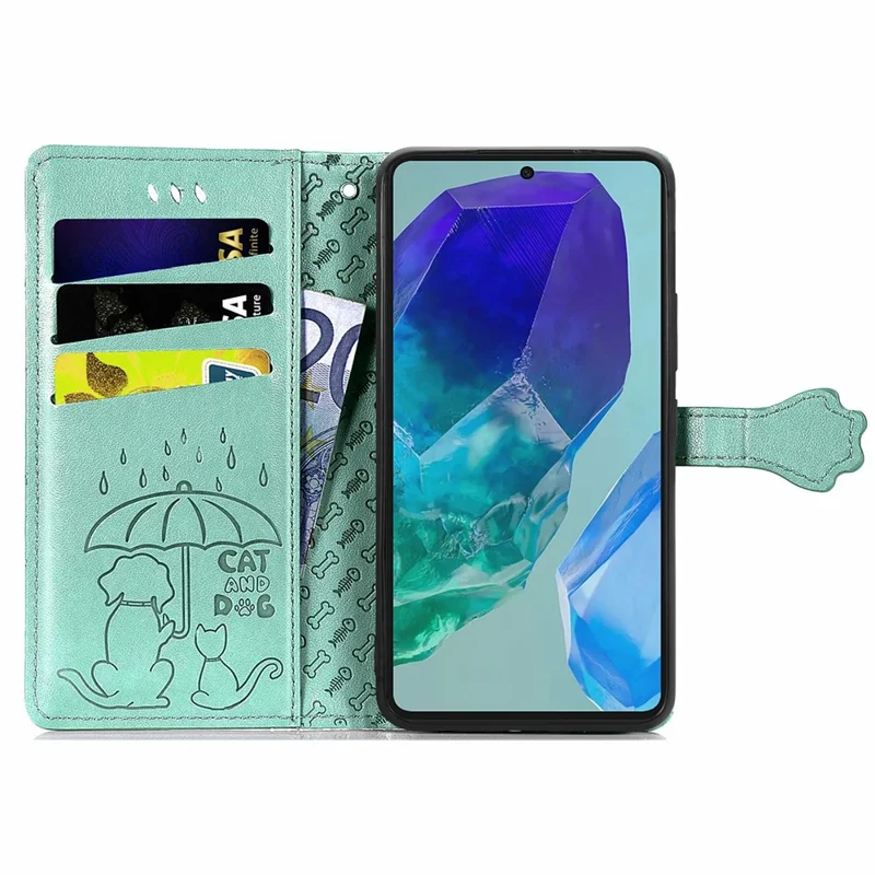 For Samsung Galaxy S24 FE Leather Wallet Case Flip Phone Cover with Cute Cat Dog Pattern - Green