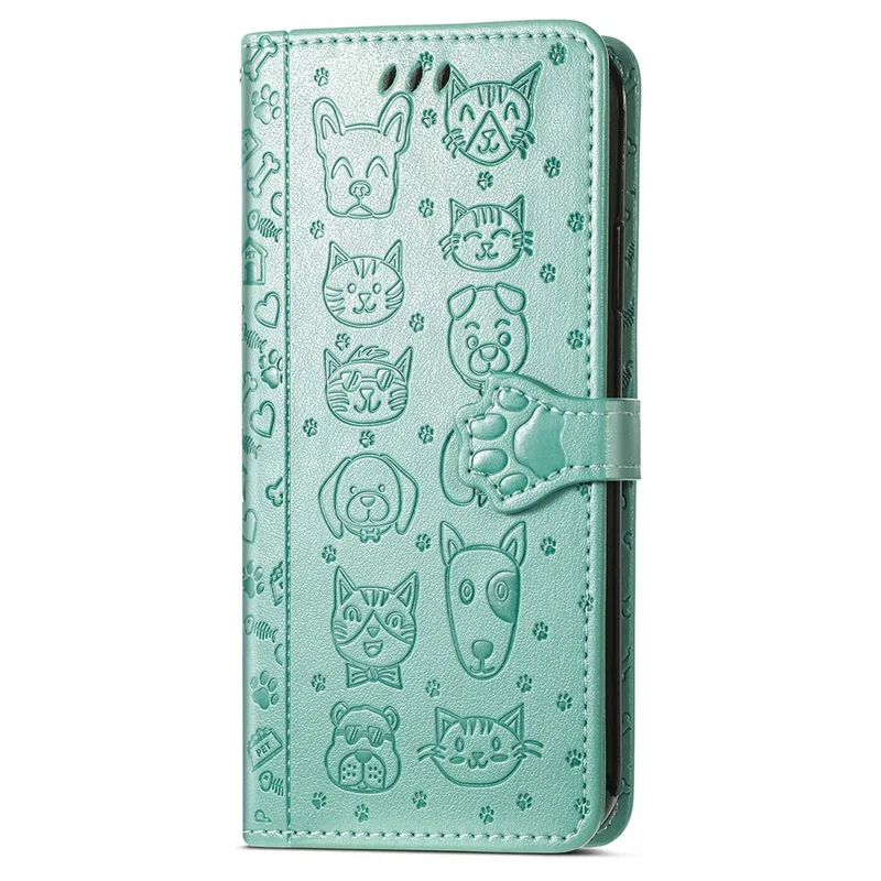 For Samsung Galaxy S24 FE Leather Wallet Case Flip Phone Cover with Cute Cat Dog Pattern - Green