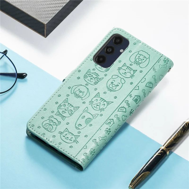 For Samsung Galaxy S24 FE Leather Wallet Case Flip Phone Cover with Cute Cat Dog Pattern - Green