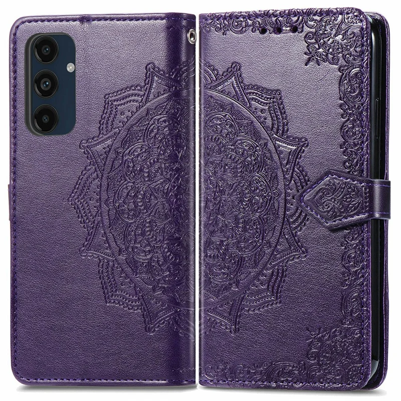 For Samsung Galaxy S24 FE Case Mandala Embossed Design Leather Wallet Phone Cover - Dark Purple