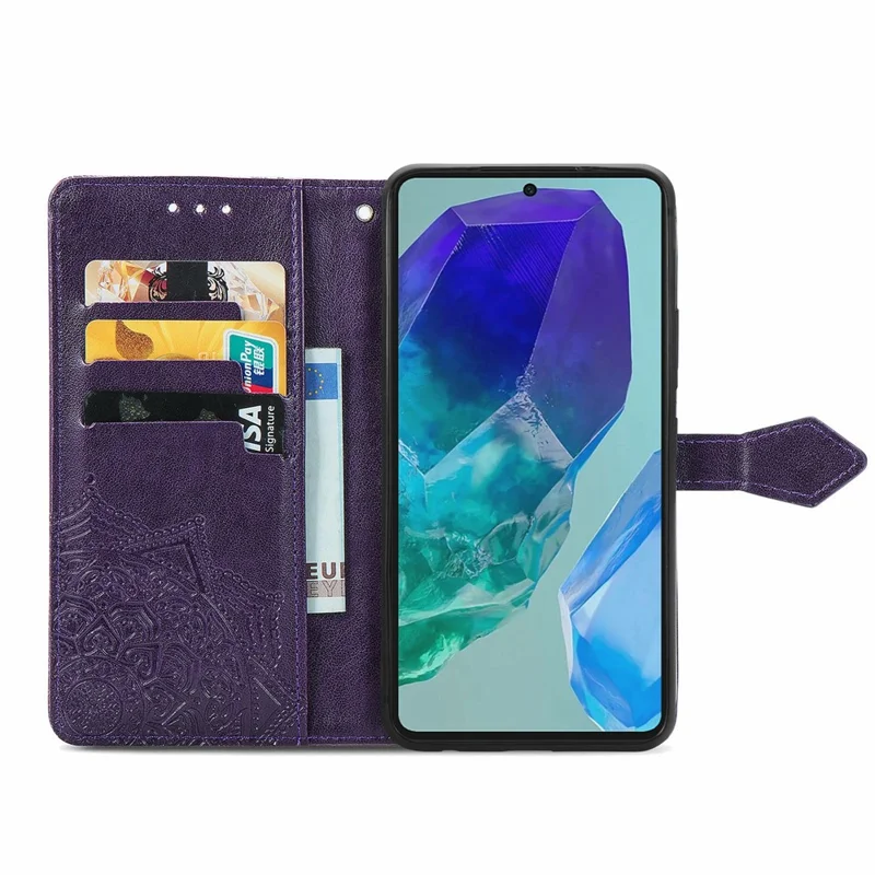 For Samsung Galaxy S24 FE Case Mandala Embossed Design Leather Wallet Phone Cover - Dark Purple