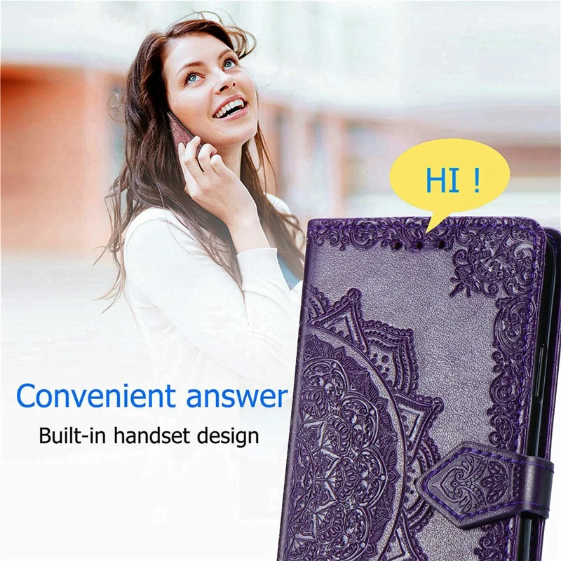 For Samsung Galaxy S24 FE Case Mandala Embossed Design Leather Wallet Phone Cover - Dark Purple