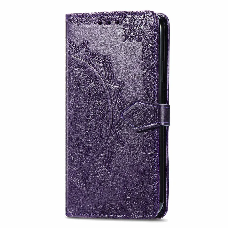 For Samsung Galaxy S24 FE Case Mandala Embossed Design Leather Wallet Phone Cover - Dark Purple