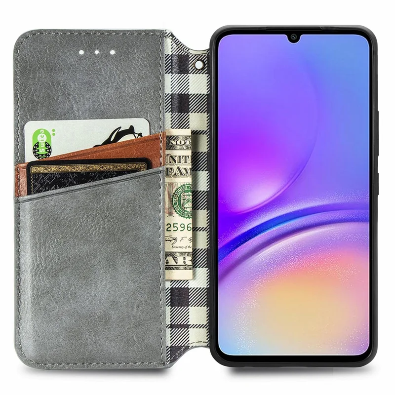 For Samsung Galaxy A06 4G PU Leather Case Rhombus Imprint Wallet Stand Phone Cover - Grey