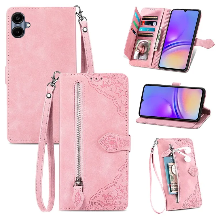 Для Samsung Galax A06 Case Zipper Wallet Кожаный Цветок - Розовый