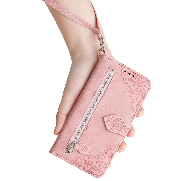 Для Samsung Galax A06 Case Zipper Wallet Кожаный Цветок - Розовый