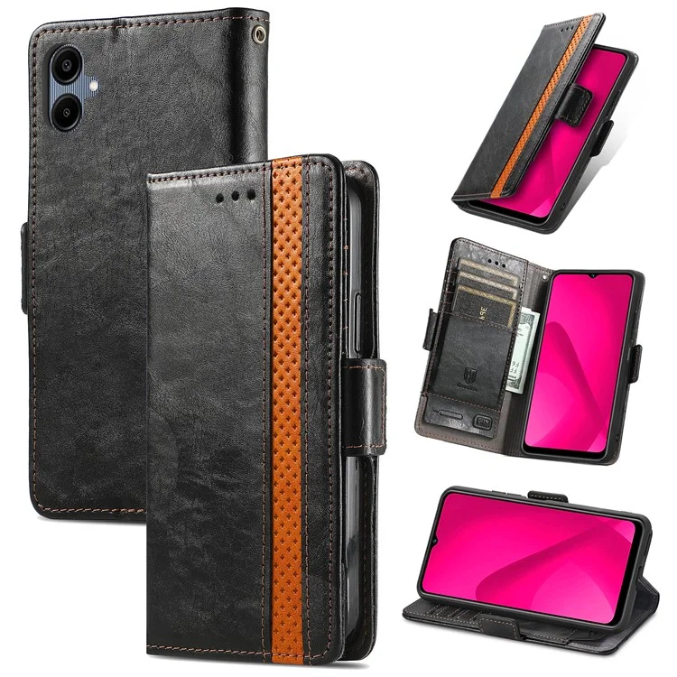Série Caseneo 002 Para Samsung Galaxy A06 Stand Stand Stand Splicing PU Couro Campa - Preto