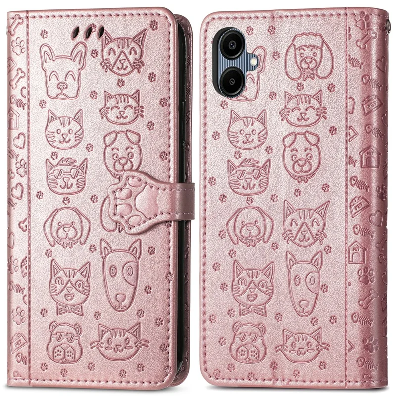 For Samsung Galaxy A06 4G Leather Wallet Case Flip Phone Cover with Cute Cat Dog Pattern - Rose Gold