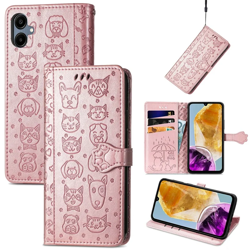 For Samsung Galaxy A06 4G Leather Wallet Case Flip Phone Cover with Cute Cat Dog Pattern - Rose Gold