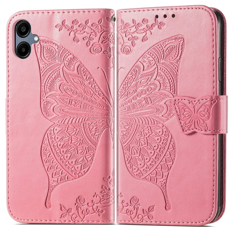 Para Samsung Galaxy A06 Case PU Leather Wallet Phone Cover Butterfly Pattern - Pink