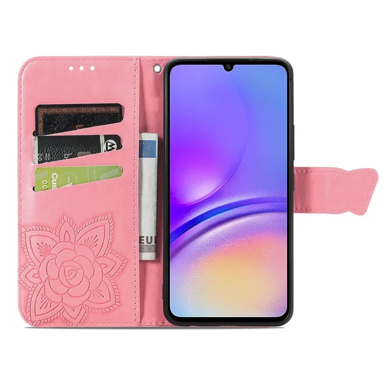 Para Samsung Galaxy A06 Case PU Leather Wallet Phone Cover Butterfly Pattern - Pink