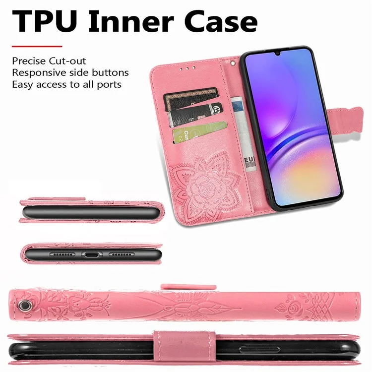 Para Samsung Galaxy A06 Case PU Leather Wallet Phone Cover Butterfly Pattern - Pink