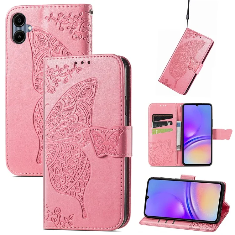 Para Samsung Galaxy A06 Case PU Leather Wallet Phone Cover Butterfly Pattern - Pink