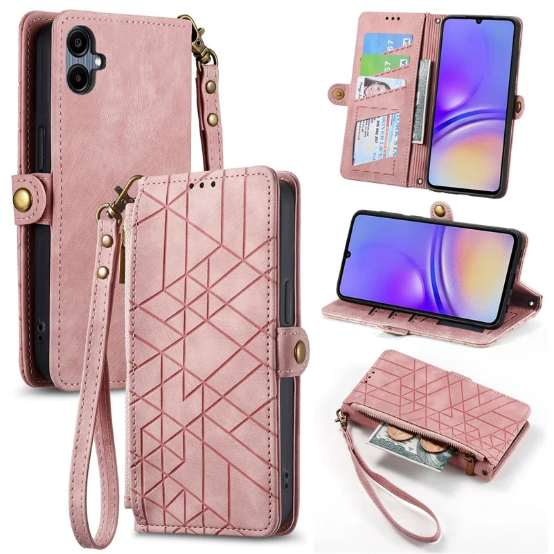 Per Samsung Galaxy A06 Case Zipper Wallet Geometry Lines Cover Del Telefono in Pelle - Rosa