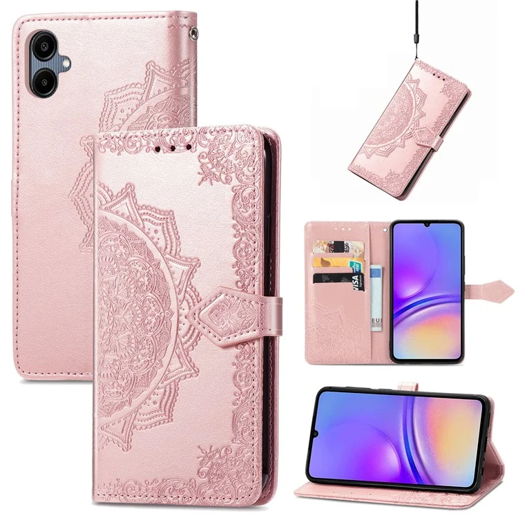 Pour étui Samsung Galaxy A06 Case Mandala Embossed Design Leather Wallet Phone Cover - Or rose