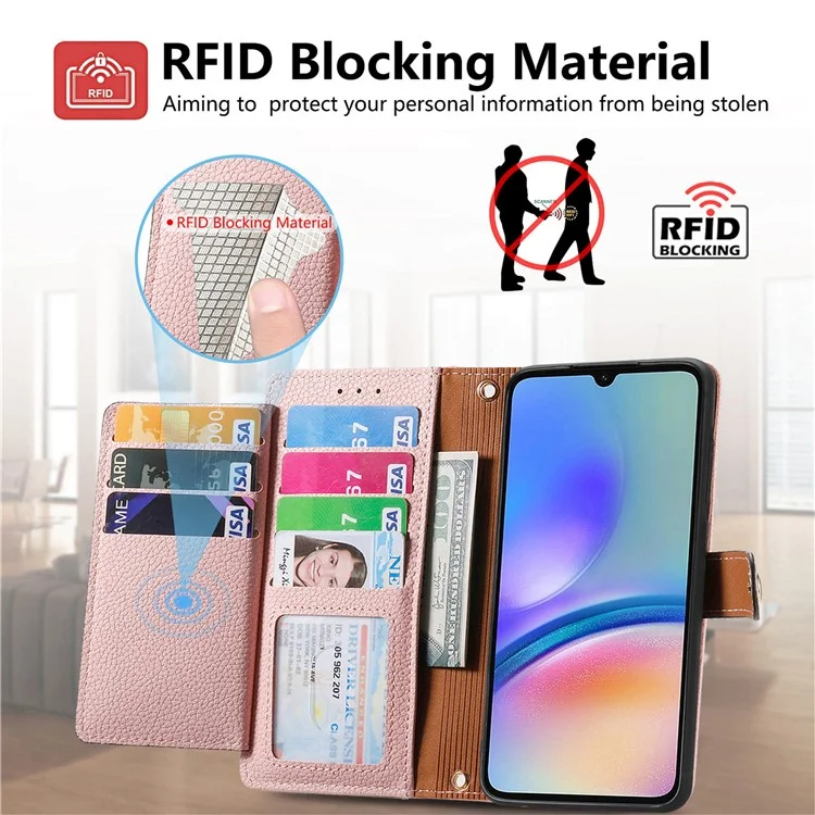 Für Samsung Galaxy A06 Case RFID Blockierende Reißverschluss -taschen -leder -brieftasche Telefonabdeckung - Rosa