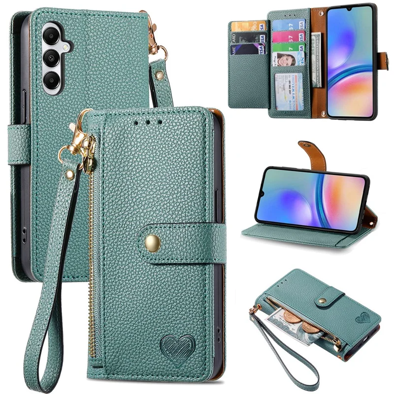 For Samsung Galaxy A06 4G Case RFID Blocking Zipper Pocket Leather Wallet Phone Cover - Green