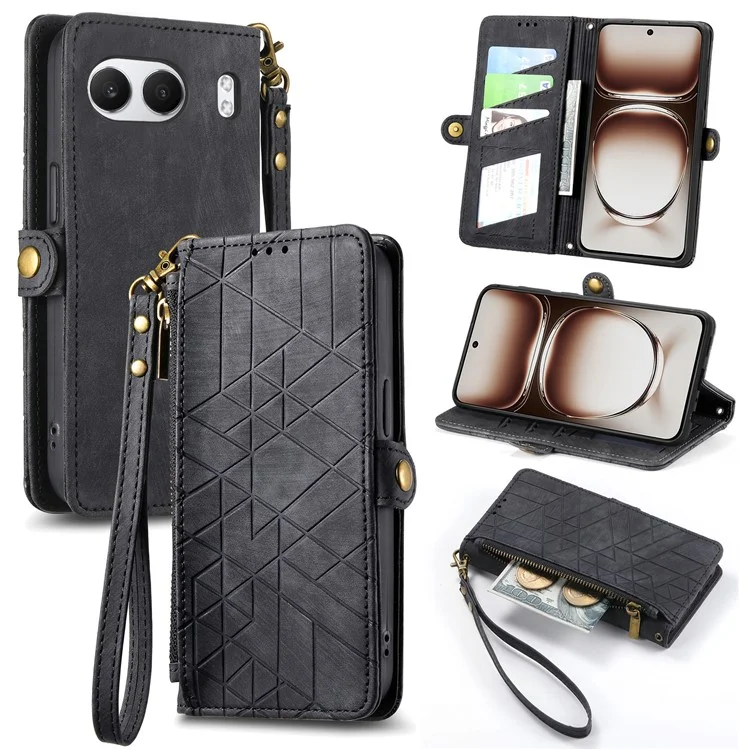 Для OnePlus Nord 4 Case Zipper Geometry Geometry Lines Leather Phone Cover - Черный