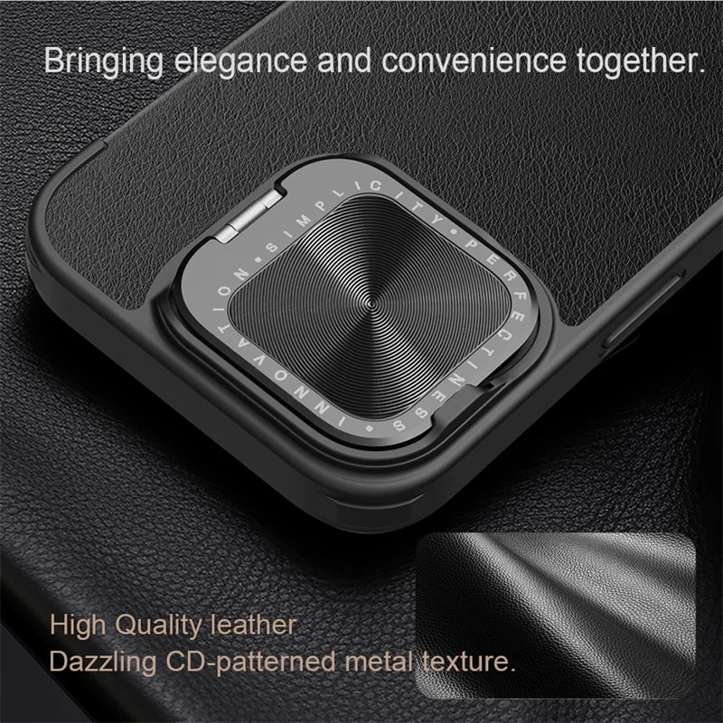 NILLKIN Qin Prop Series for iPhone 16 Leather Case Lens Kickstand Phone Cover - Black