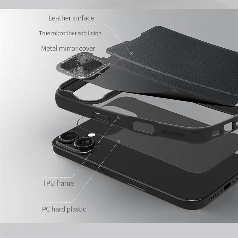 NILLKIN Qin Prop Series for iPhone 16 Leather Case Lens Kickstand Phone Cover - Black