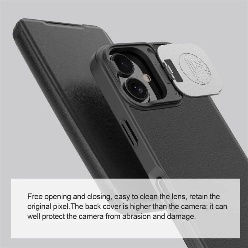 NILLKIN Qin Prop Series for iPhone 16 Leather Case Lens Kickstand Phone Cover - Black