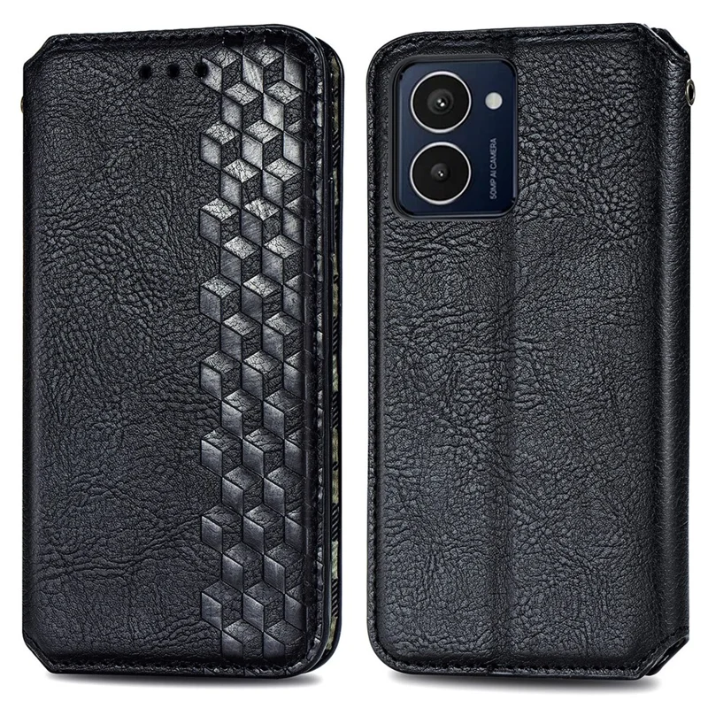 For HMD Pulse Pro PU Leather Case Rhombus Imprint Wallet Stand Phone Cover - Black