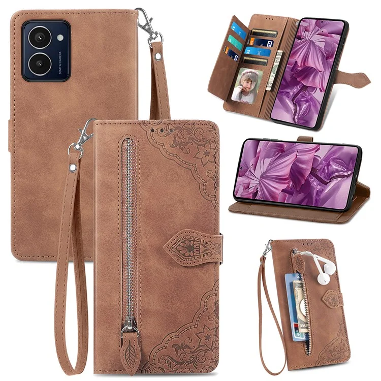 Für HMD Pulse Pro Case Reißverschluss Brieftasche PU Leder Blumenabdruck Telefonabdeckung - Braun
