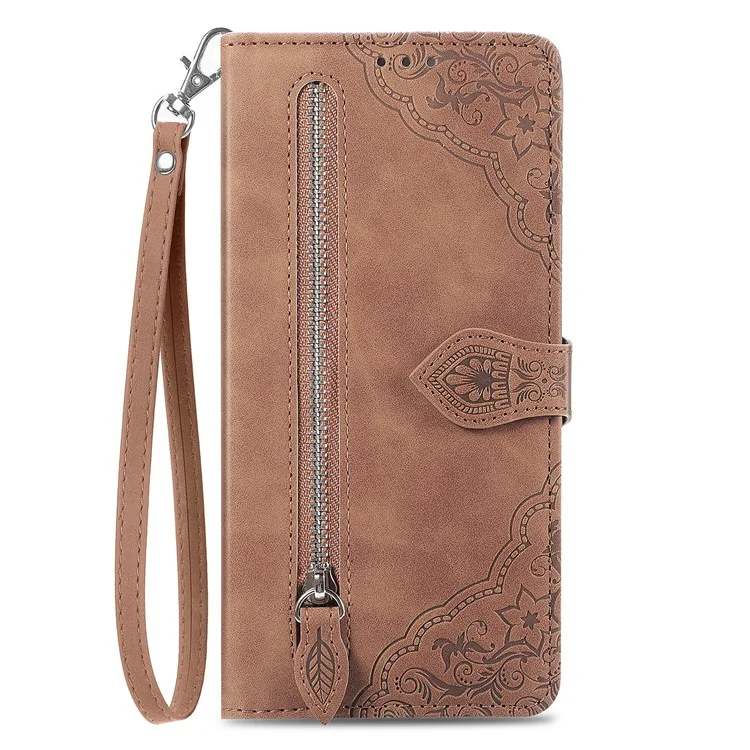 Für HMD Pulse Pro Case Reißverschluss Brieftasche PU Leder Blumenabdruck Telefonabdeckung - Braun