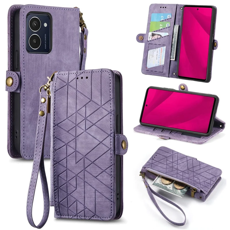 For HMD Pulse Pro Zipper Wallet Case Geometry Lines Leather Phone Cover with Strap - Light Purple