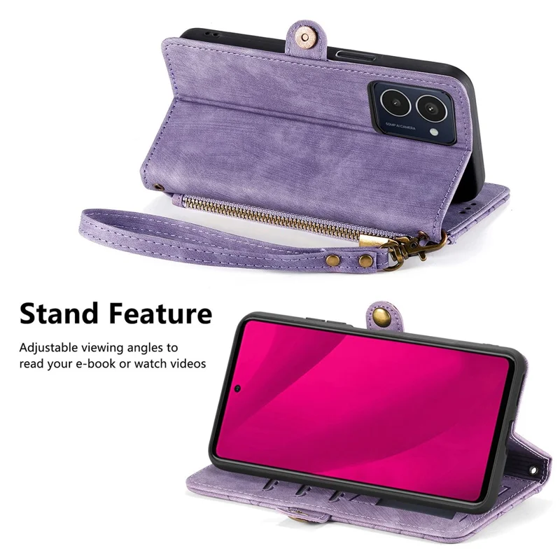 For HMD Pulse Pro Zipper Wallet Case Geometry Lines Leather Phone Cover with Strap - Light Purple