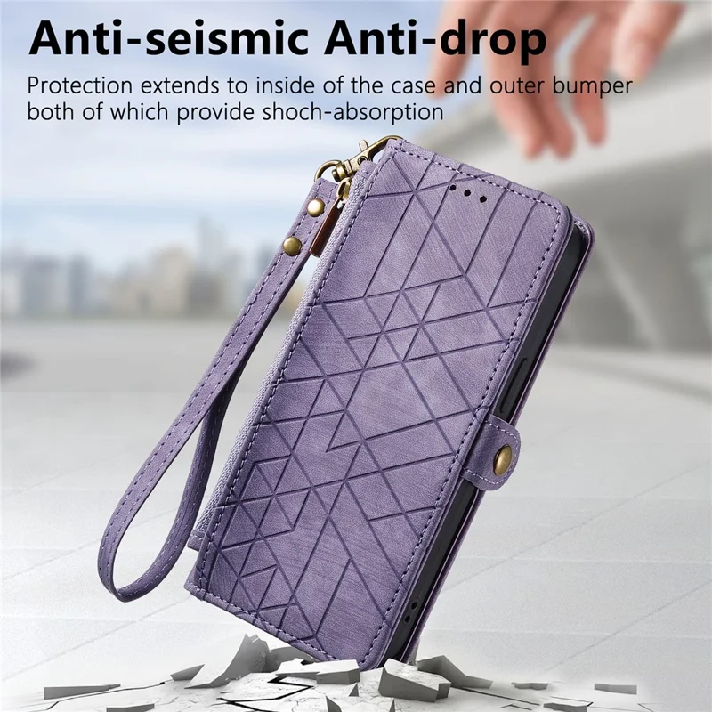 For HMD Pulse Pro Zipper Wallet Case Geometry Lines Leather Phone Cover with Strap - Light Purple