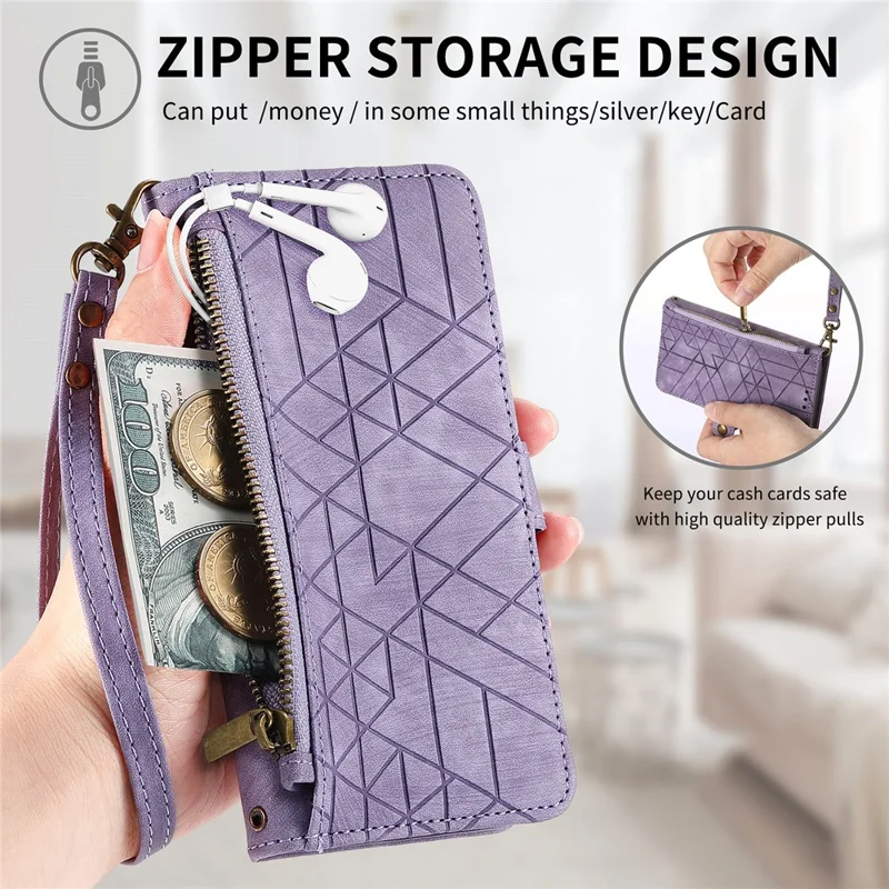 For HMD Pulse Pro Zipper Wallet Case Geometry Lines Leather Phone Cover with Strap - Light Purple