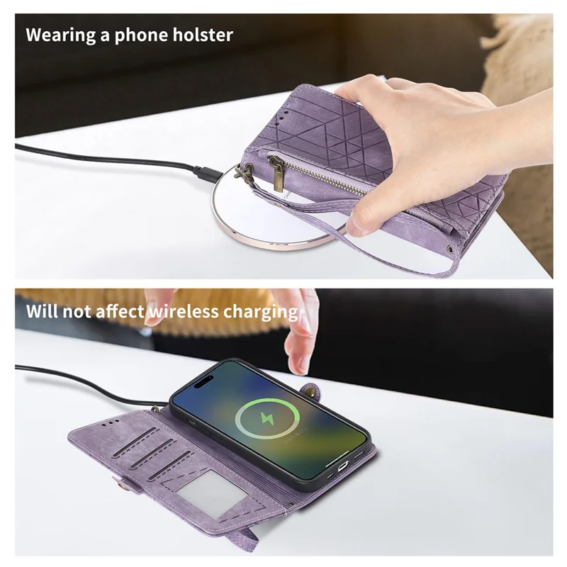 For HMD Pulse Pro Zipper Wallet Case Geometry Lines Leather Phone Cover with Strap - Light Purple