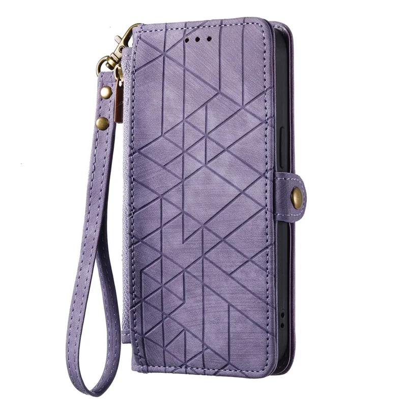For HMD Pulse Pro Zipper Wallet Case Geometry Lines Leather Phone Cover with Strap - Light Purple