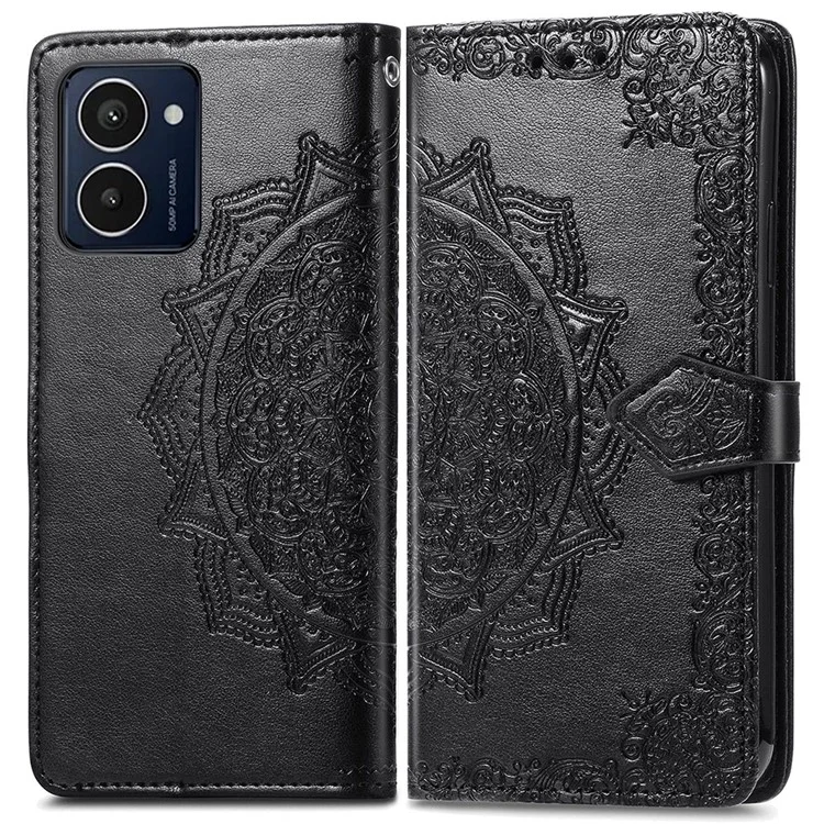 Funda para HMD Pulse Pro, diseño en relieve tipo mandala, cartera de piel - Negro