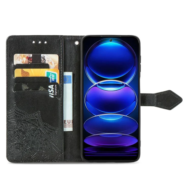 Funda para HMD Pulse Pro, diseño en relieve tipo mandala, cartera de piel - Negro