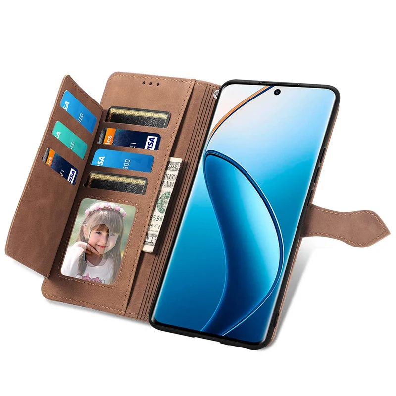 For Realme 13 4G Zipper Wallet Case with Strap Flower Imprint PU Leather Phone Cover - Brown