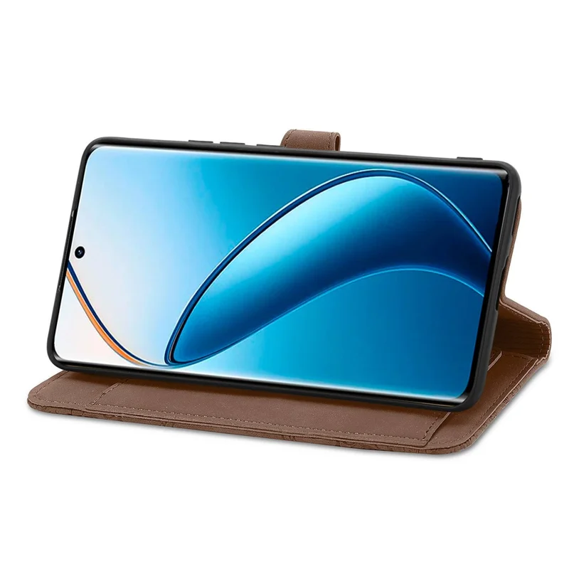 For Realme 13 4G Zipper Wallet Case with Strap Flower Imprint PU Leather Phone Cover - Brown