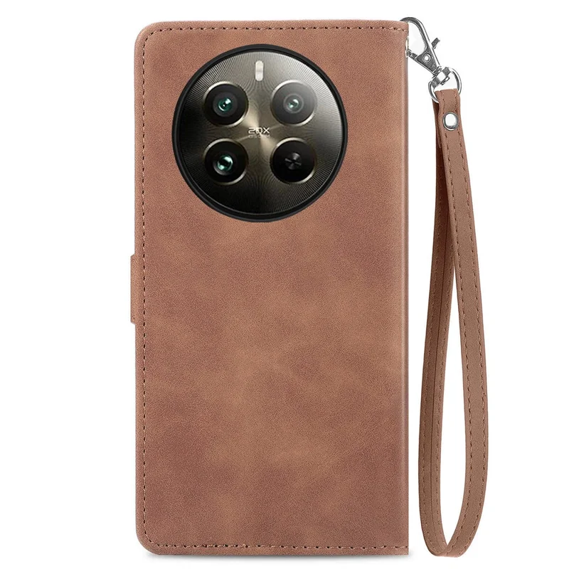 For Realme 13 4G Zipper Wallet Case with Strap Flower Imprint PU Leather Phone Cover - Brown