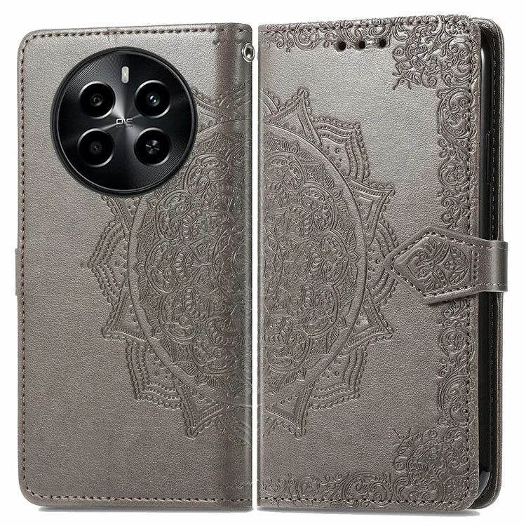 For Realme 13 4G Case Mandala Embossed Design Leather Wallet Phone Cover - Grey