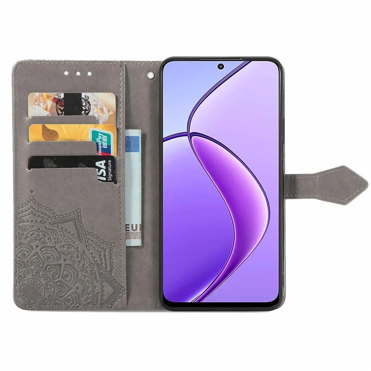 For Realme 13 4G Case Mandala Embossed Design Leather Wallet Phone Cover - Grey