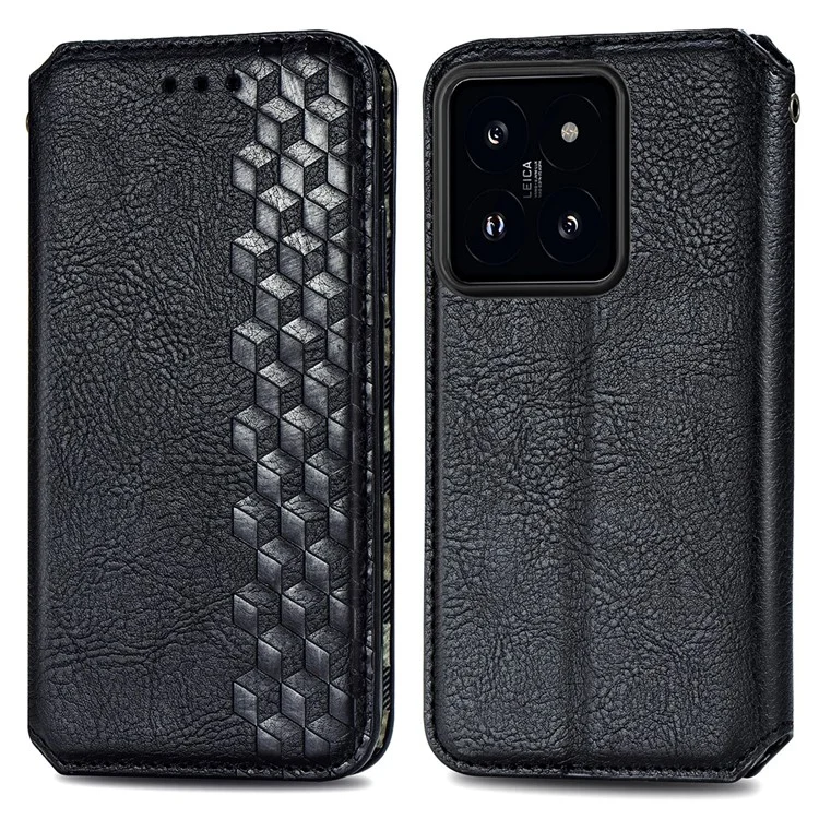 For Xiaomi 14T Pro PU Leather Case Rhombus Imprint Wallet Stand Phone Cover - Black