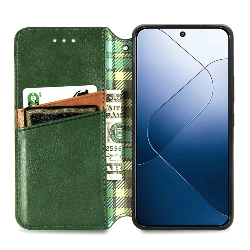 For Xiaomi 14T Pro PU Leather Case Rhombus Imprint Wallet Stand Phone Cover - Green