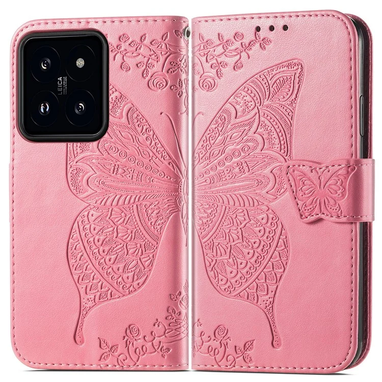 For Xiaomi 14T Pro Case PU Leather Wallet Phone Cover Butterfly Pattern - Pink