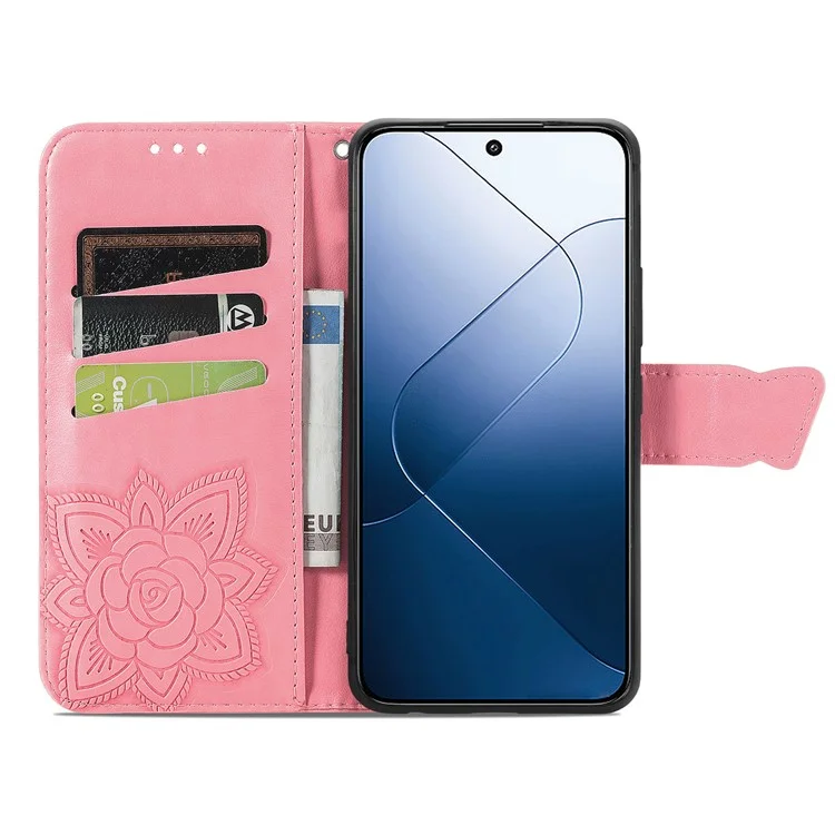 For Xiaomi 14T Pro Case PU Leather Wallet Phone Cover Butterfly Pattern - Pink