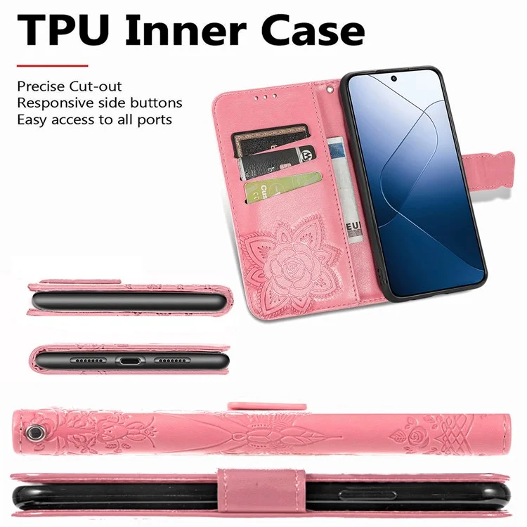 For Xiaomi 14T Pro Case PU Leather Wallet Phone Cover Butterfly Pattern - Pink