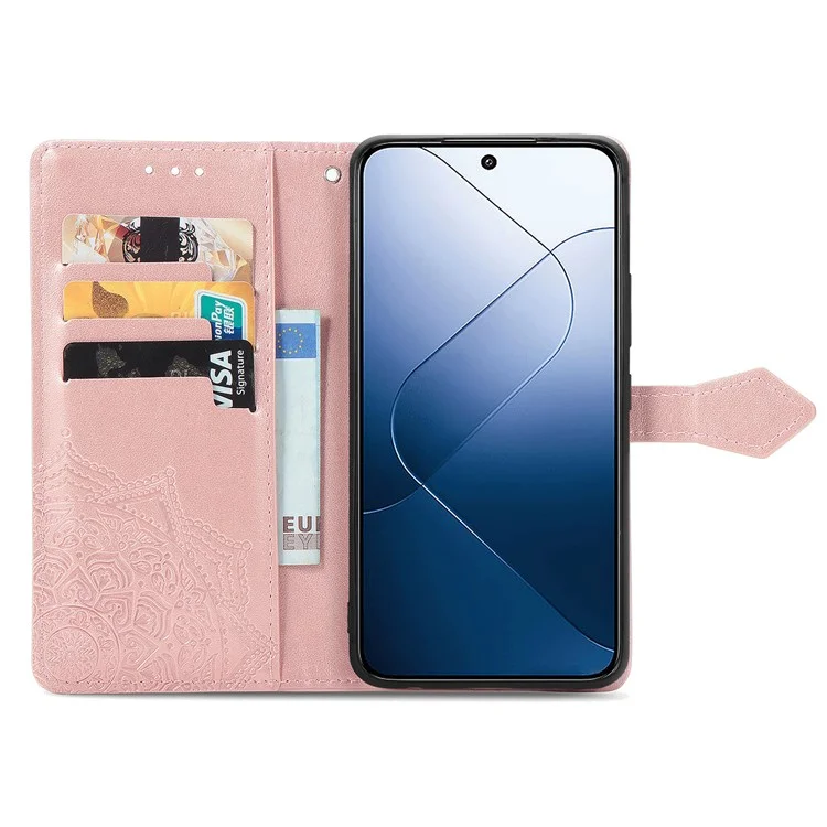 For Xiaomi 14T Pro Case Mandala Embossed Design Leather Wallet Phone Cover - Rose Gold